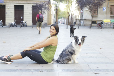 perro border collie adulto sentado en medio de una plaza